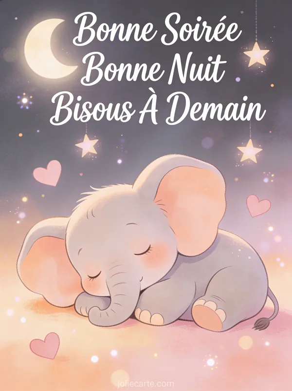 Éléphanteau endormi aux grandes oreilles sous la lune avec des coeurs flottants texte Bonne Soirée Bonne Nuit Bisous À Demain