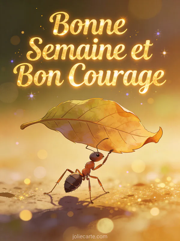 Image Bonne Semaine et Bon Courage avec fourmi portant une feuille plus grande qu elle