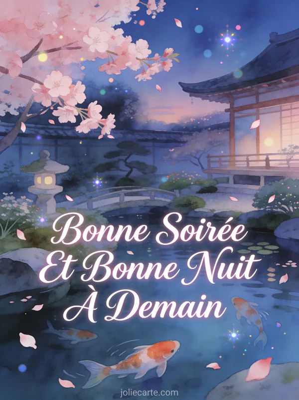 Jardin japonais au crépuscule avec des carpes koï dans un bassin et des pétales de cerisier texte Bonne Soirée Et Bonne Nuit À Demain