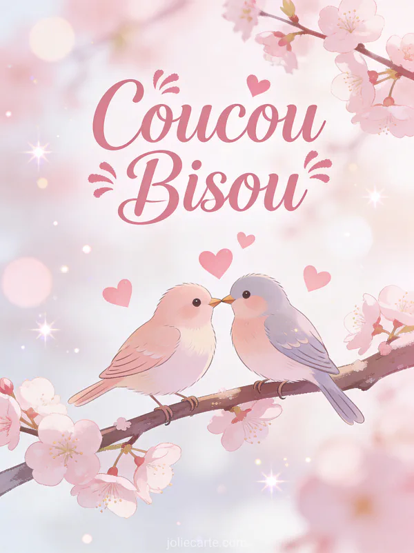 Deux tourtereaux se touchant le bec avec coeurs roses sur une branche de cerisier avec le texte Coucou Bisou