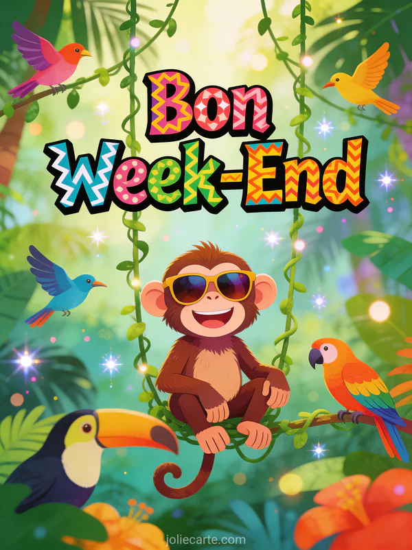 Image gif Bon Week-End Humour avec texte zigzag singe faisant des grimaces avec lunettes geantes dans jungle festive