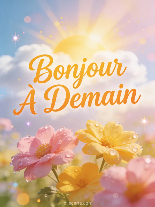 Lever de soleil avec des rayons perçant les nuages et des fleurs avec la rosée du matin texte Bonjour À Demain