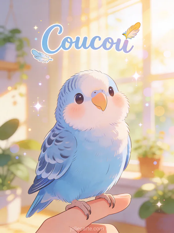 Mignonne perruche bleue aux joues duveteuses sur un doigt dans une pièce ensoleillée avec le texte Coucou