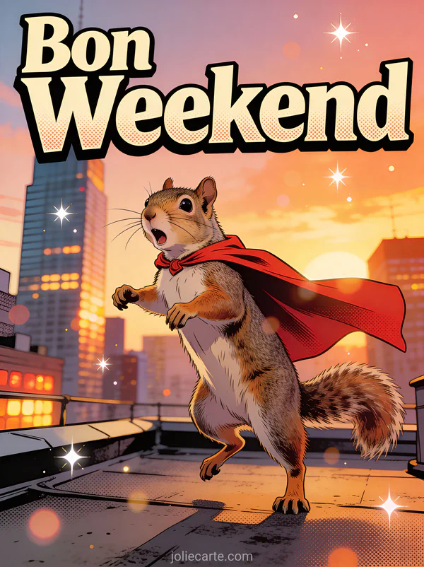Image citation Bon Weekend style comic retro ecureuil en cape de superheros pose heroique sur toit au coucher de soleil