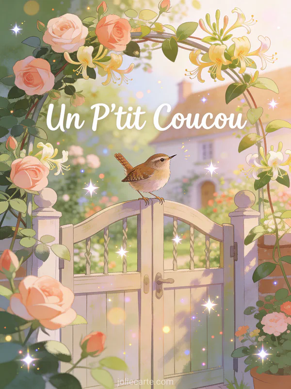 Petit troglodyte chantant sur un portillon de jardin de cottage avec roses et chèvrefeuille et le texte Un P'tit Coucou