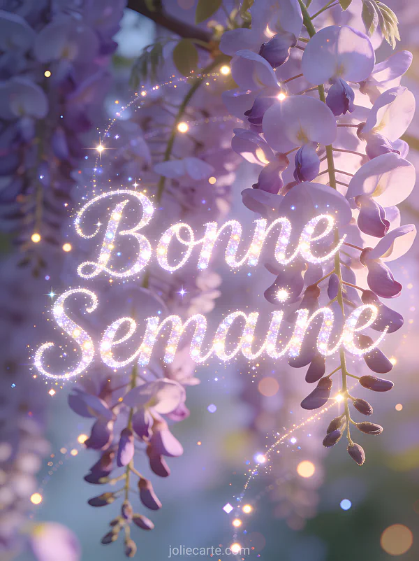 GIF Bonne Semaine scintillant avec guirlandes lumineuses et glycines en fleurs
