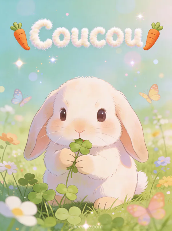 Adorable lapin bélier grignotant du trèfle dans une prairie fleurie avec papillons et le texte Coucou