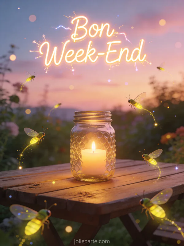 Image gif anime Bon Week-End avec texte neon lumineux lucioles dansant autour d'un bocal dans jardin au crepuscule