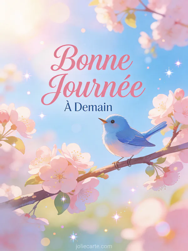 Oiseau bleu joyeux chantant sur une branche fleurie au soleil du matin texte Bonne Journée À Demain