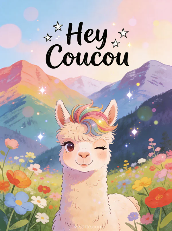 Alpaga stylé avec coiffure funky faisant un clin d'œil dans un paysage de montagne fleuri avec le texte Hey Coucou