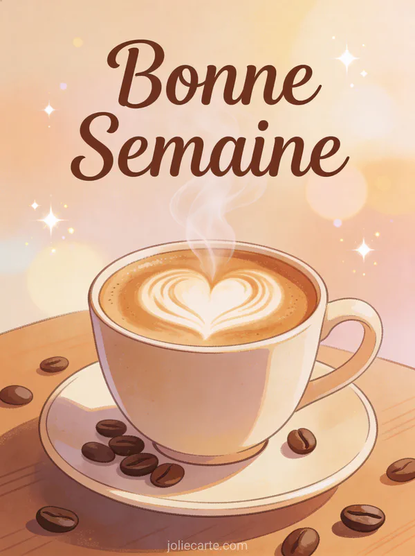 Image Bonne Semaine cafe avec latte art coeur et grains de cafe