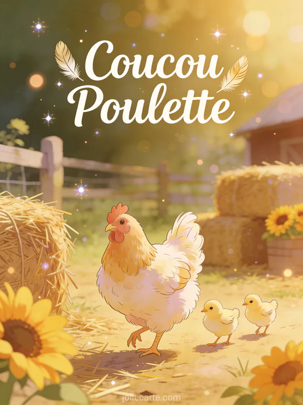 Maman poule avec ses poussins dans une cour de ferme rustique avec tournesols et le texte Coucou Poulette