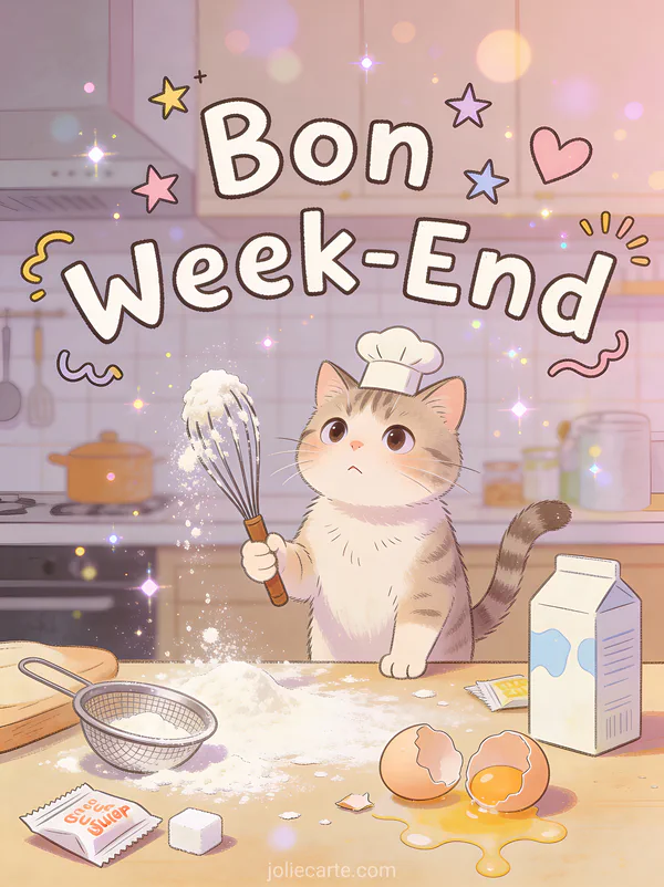 Image humoristique Bon Week-End avec chat perplexe en toque de chef tenant fouet couvert de farine dans cuisine chaotique