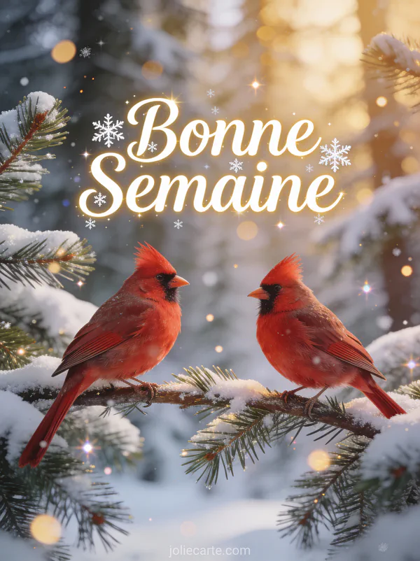Image Bonne Semaine Noel avec foret de pins enneiges et cardinaux rouges