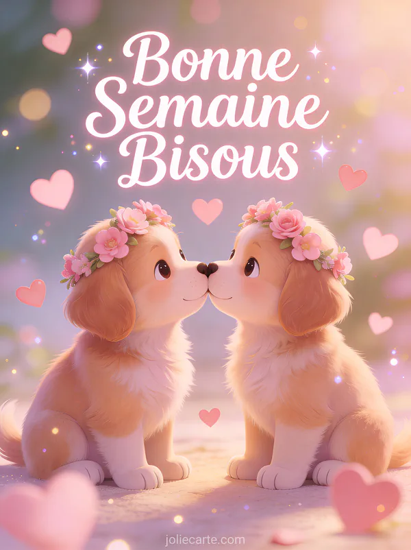 GIF Bonne Semaine Bisous avec deux chiots se touchant le nez couronnes de fleurs