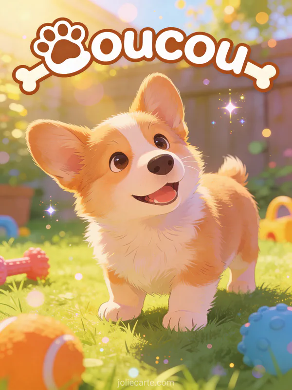 Joyeux corgi avec la tête penchée dans un jardin ensoleillé avec jouets colorés et le texte Coucou