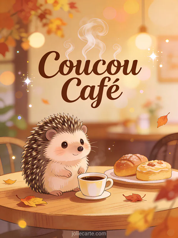 Adorable hérisson assis à côté d'une petite tasse de café dans un café chaleureux avec le texte Coucou Café