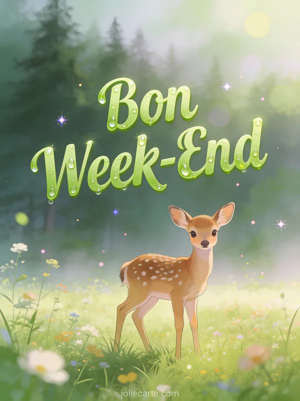 Image de Bon Week-End avec texte vert printanier faon dans prairie matinale brume legere et fleurs sauvages