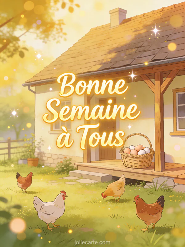 Image Bonne Semaine a Tous avec ferme poules dans la cour et panier d oeufs frais