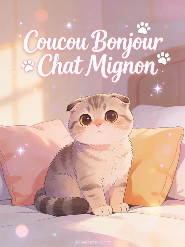 Adorable chaton scottish fold aux grands yeux ronds sur des coussins moelleux le matin avec le texte Coucou Bonjour Chat Mignon