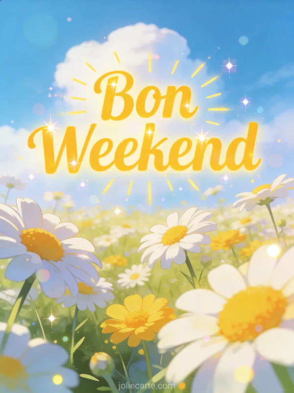 Image Bon Weekend Ensoleille avec texte jaune soleil champ de marguerites blanches et jaunes ciel bleu et nuages