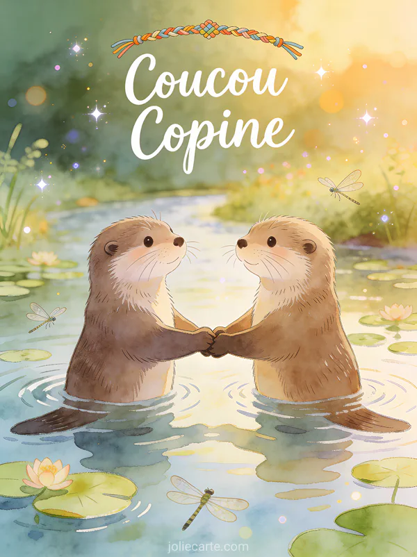 Deux loutres se tenant par la patte flottant sur une rivière paisible avec nénuphars et le texte Coucou Copine