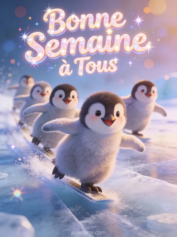 GIF Bonne Semaine a Tous avec bebes manchots joueurs glissant sur la glace