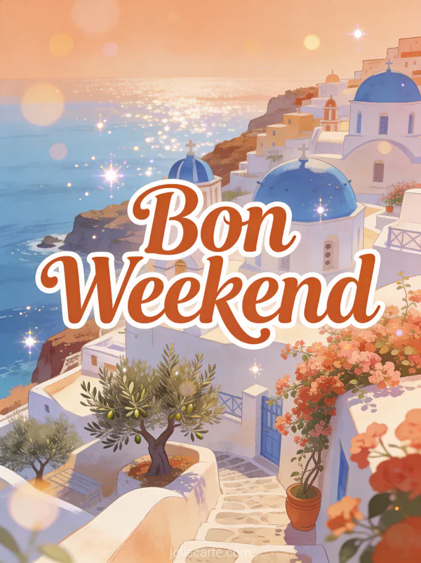 Image Bon Weekend avec texte terracotta ile grecque maisons blanches et bleues bougainvillier et mer egee scintillante