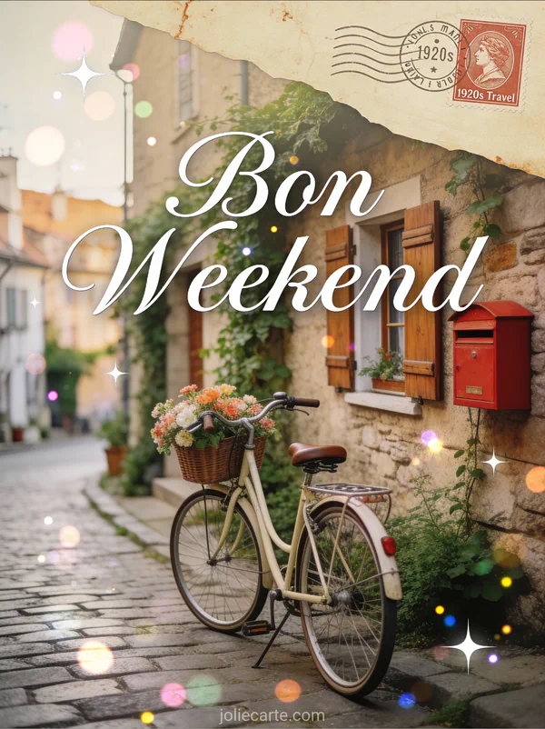 Carte Bon Weekend style carte postale vintage velo ancien avec panier de fleurs sur rue pavee village europeen