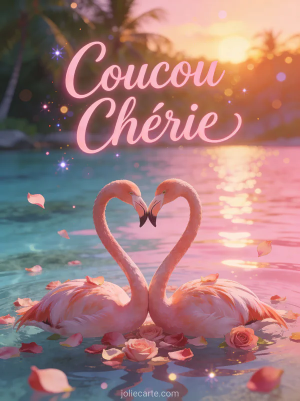 Deux flamants roses formant un coeur avec leurs cous dans un lagon tropical au coucher de soleil avec le texte Coucou Chérie