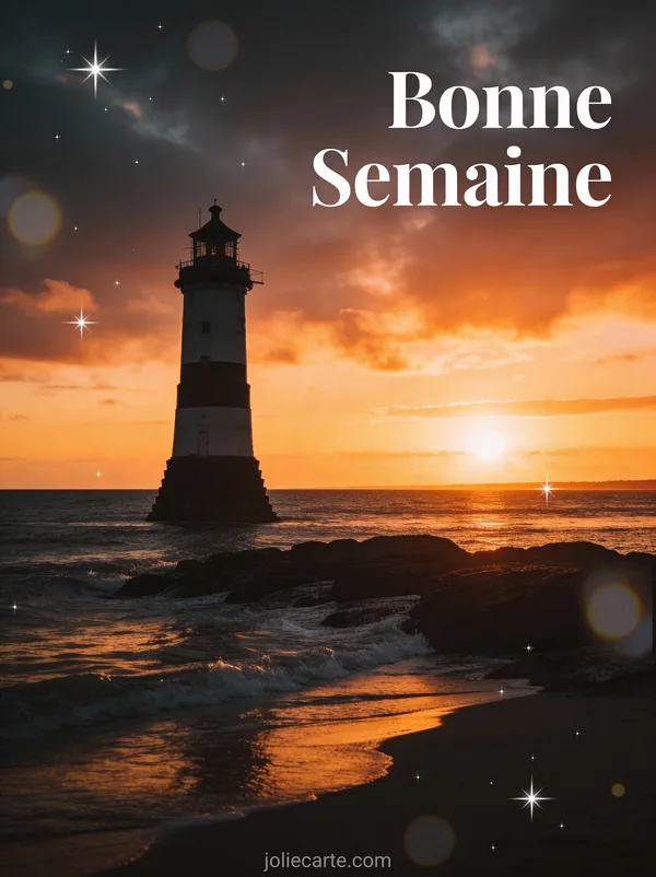 Photo Bonne Semaine avec phare en silhouette coucher de soleil dramatique sur ocean
