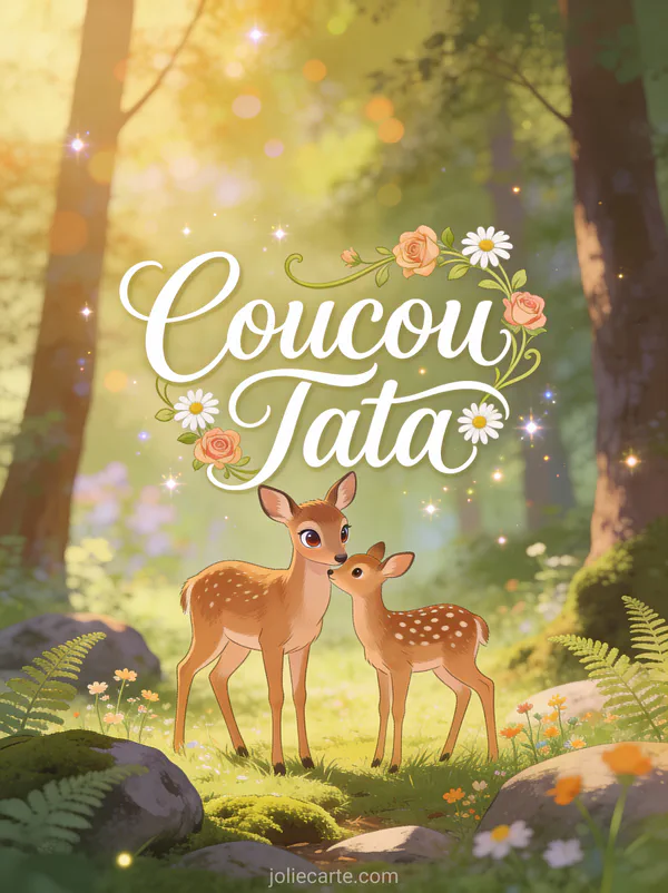 Biche avec son faon dans une clairière paisible avec lumière d'après-midi et le texte Coucou Tata
