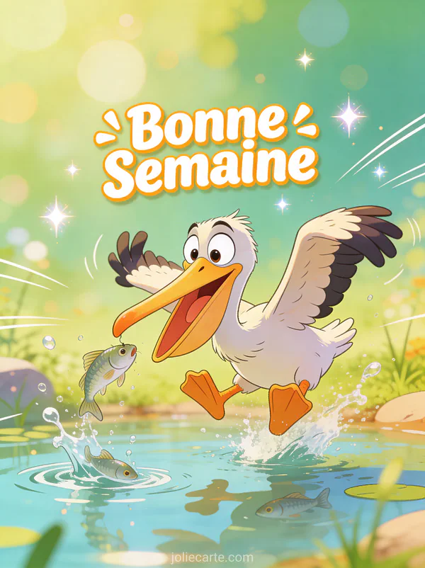 GIF Bonne Semaine humour anime avec pelican maladroit et expression drole