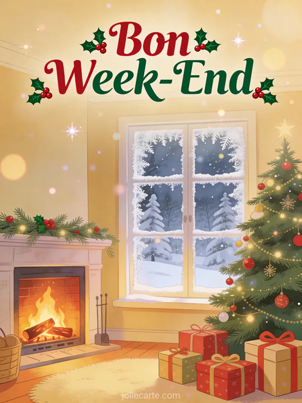 Image gif Bon Week-End Noel avec texte rouge et vert sapin decore cadeaux emballes cheminee et houx