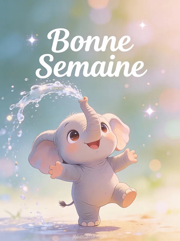 Image Bonne Semaine gratuite avec bebe elephant jouant avec eau de sa trompe