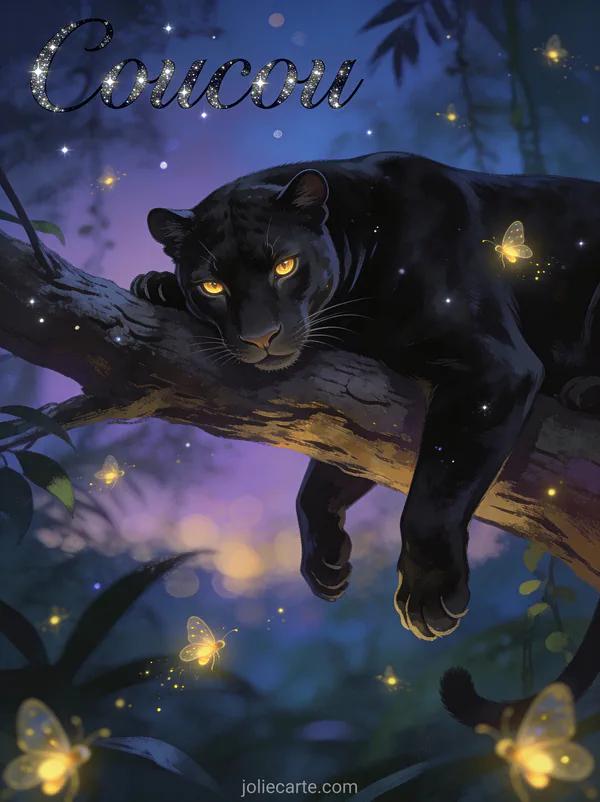 Majestueuse panthère noire aux yeux dorés sur une branche dans la jungle au crépuscule avec lucioles et le texte Coucou
