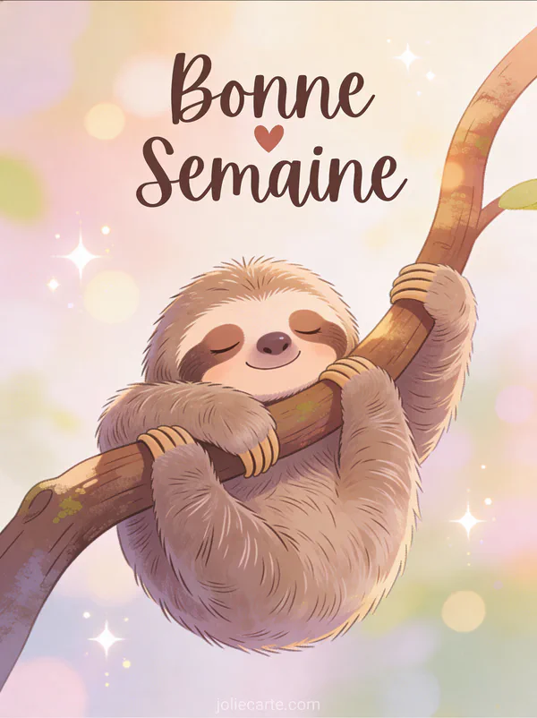 Image SMS Bonne Semaine avec paresseux souriant accroche a une branche