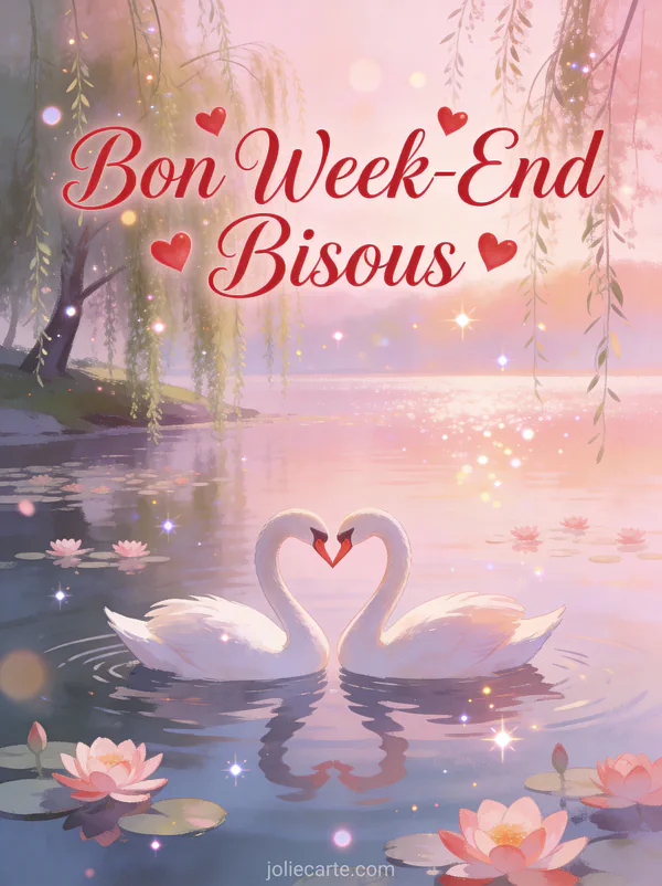 Image gif anime Bon Week-End Bisous avec texte rose romantique cygnes formant coeur sur lac nenufars et saules pleureurs