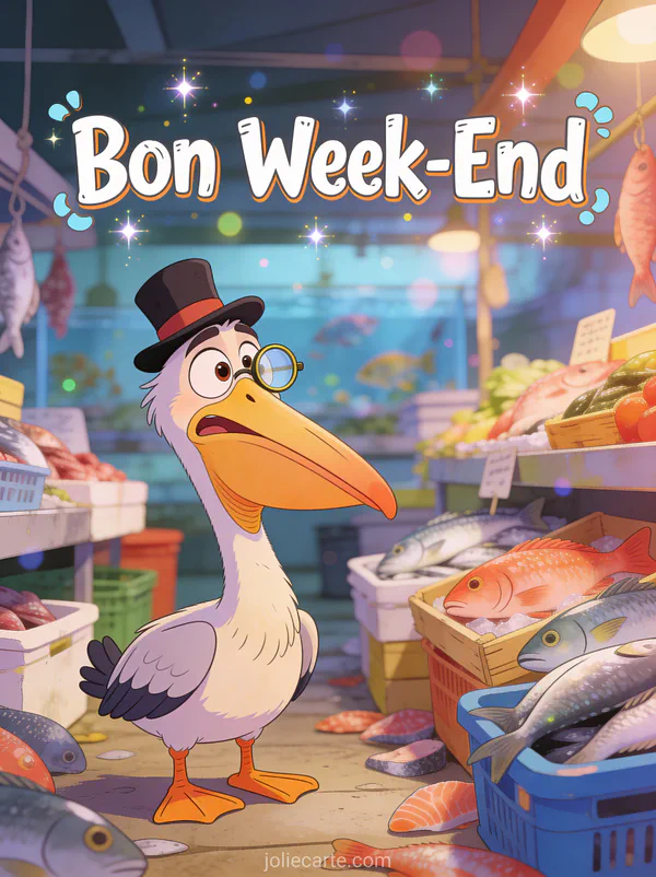 Photo Bon Week-End Humour avec texte cartoon pelican confus portant haut-de-forme et monocle expression surprise