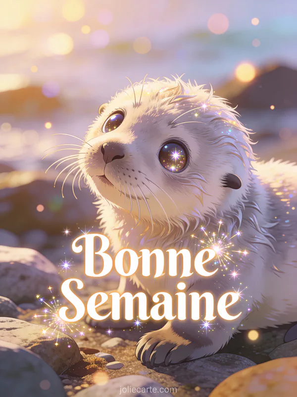 GIF anime Bonne Semaine avec bebe phoque curieux aux yeux brillants sur rochers