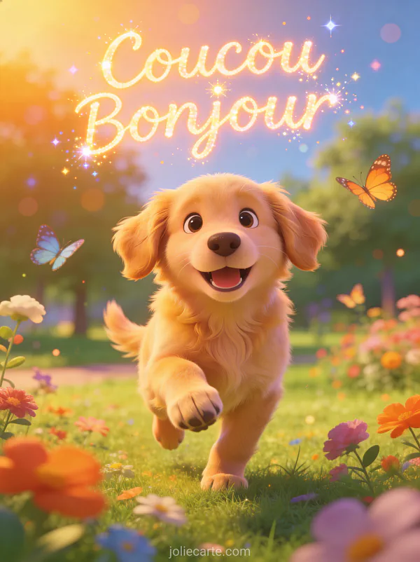Chiot golden retriever bondissant de joie dans un parc ensoleillé avec fleurs et papillons et le texte Coucou Bonjour