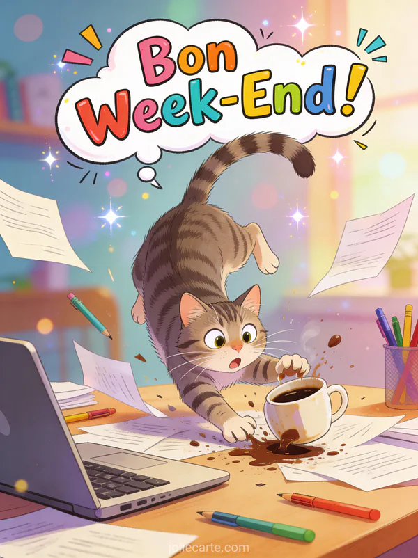Carte Bon Week-End Humour avec texte bulle chat effraye renversant tasse de cafe sur bureau papiers volant partout