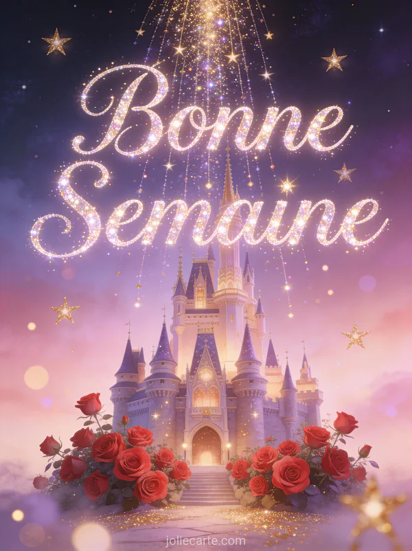 Image Bonne Semaine scintillante avec chateau de conte roses et etoiles scintillantes
