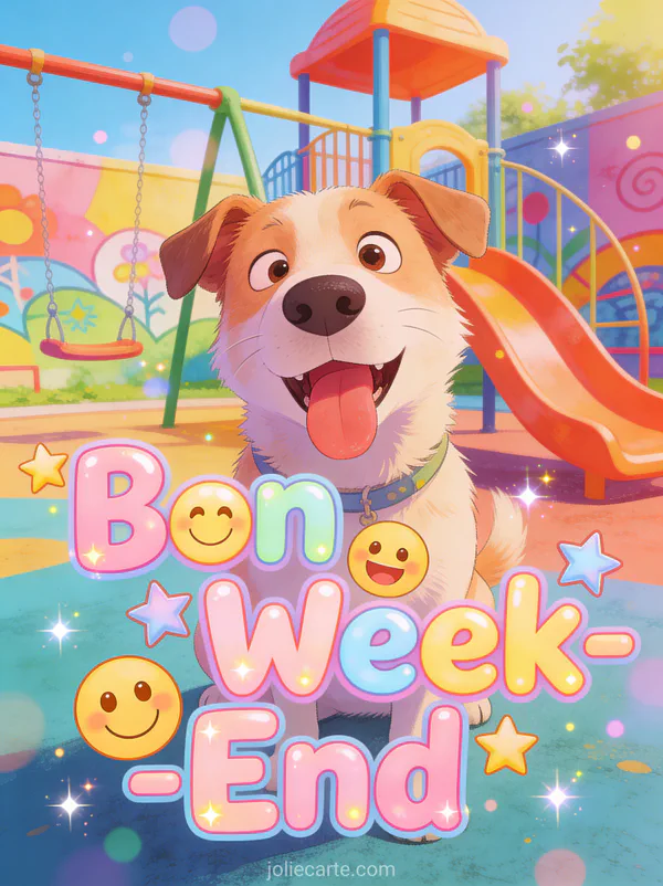 Image Souhaiter Un Bon Week-End Avec Humour texte joyeux chien tirant la langue grimace drole fond aire de jeux