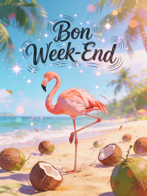 Image gif anime Drole Bon Week-End Humour texte tournoyant flamant rose pose ballet maladroit plage noix de coco