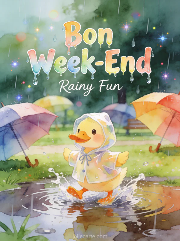 Image Bon Week-End Pluvieux Humour avec texte aquarelle canard en cire sautant dans flaques parc avec parapluies