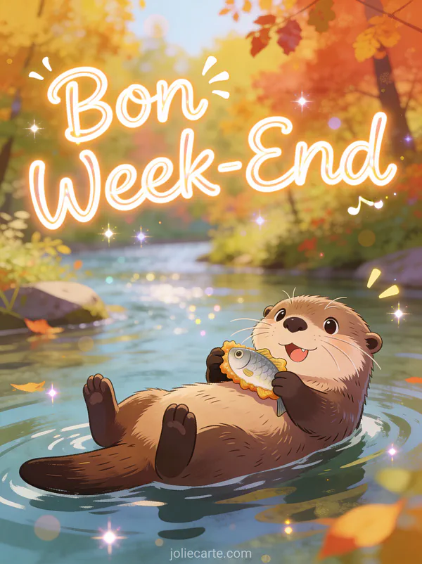 Image gif humour Bon Week-End avec texte anime loutre espiegle flottant sur le dos avec poisson riviere automne