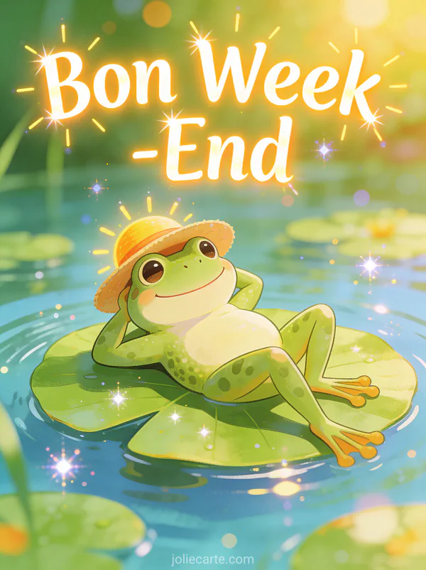 Image Bon Week-End Soleil Humour avec texte lumineux grenouille souriante chapeau de soleil sur nenufar mare scintillante