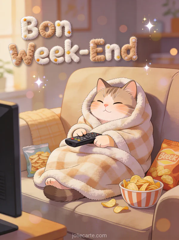 Image Bon Week-End Confine Humour avec texte douillet chat enroule dans couverture canape telecommande snacks