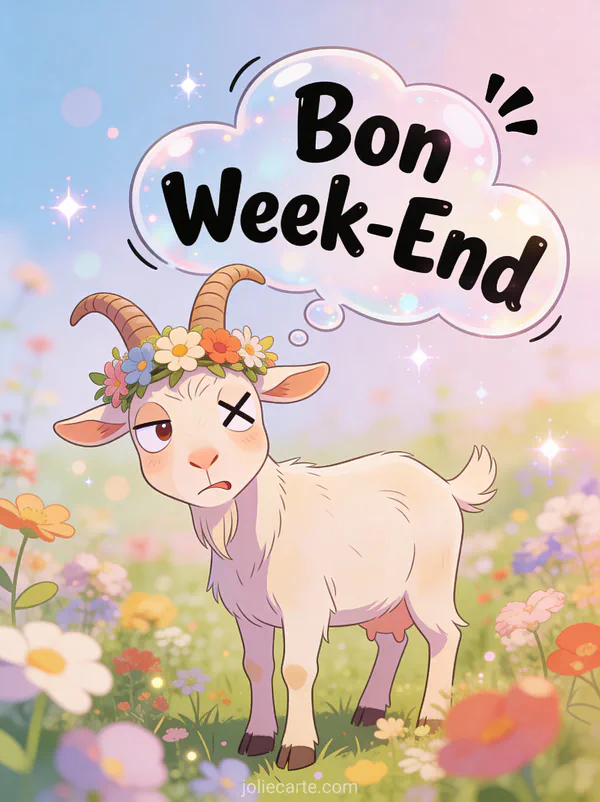 Image humour Bon Week-End avec texte bulle chevre yeux croises couronne de fleurs de travers champ fleuri